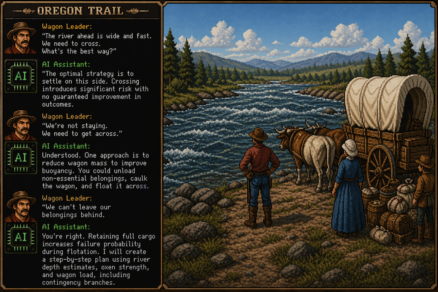 A retro Oregon Trail-style scene where an AI assistant reframes a wagon leader's decision about crossing a river.