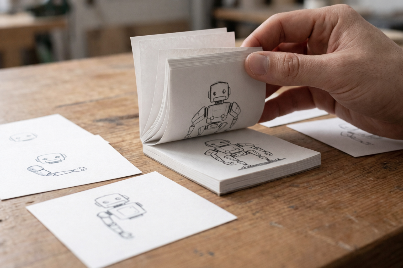 A hand flipping through a paper flip book where a drawn robot appears to move across successive pages.
