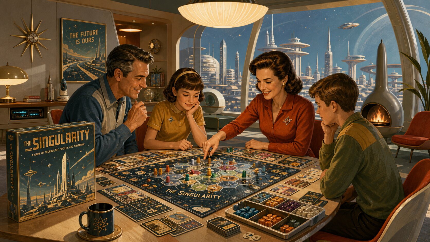 A retro-futurist family playing a board game called The Singularity, with a city of rockets and towers outside the window.