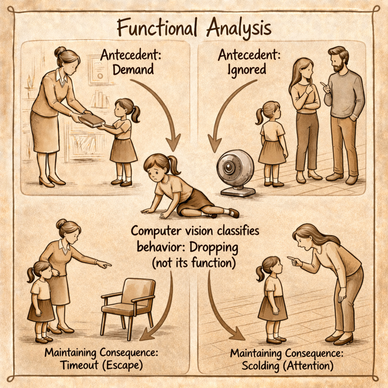 An illustration titled 'Functional Analysis' arranged as a four-quadrant diagram around a central figure. Top-left quadrant (Antecedent: Demand): a teacher hands a book to a girl. Top-right quadrant (Antecedent: Ignored): a girl stands while two adults talk past her. Arrows from each top quadrant point down to the center, where the same girl is on the floor alongside a small camera and the caption 'Computer vision classifies behavior: Dropping (not its function).' Arrows continue down to the bottom quadrants. Bottom-left (Maintaining Consequence: Timeout — Escape): a woman directs the girl toward a chair. Bottom-right (Maintaining Consequence: Scolding — Attention): a woman leans in and scolds the girl.