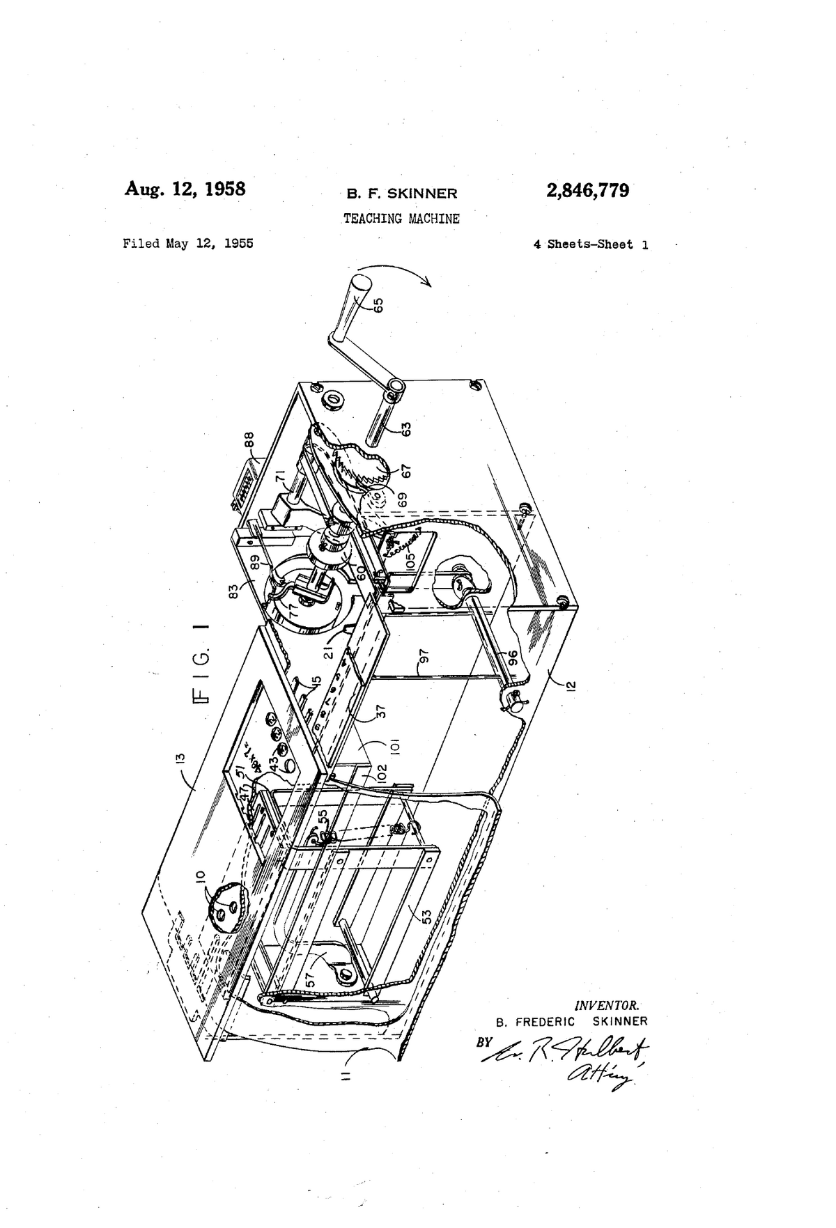 Figure 1 of US Patent 2,846,779 (Skinner, filed 1955): perspective drawing of the teaching machine's wooden-cased mechanism with crank handle and internal apparatus.