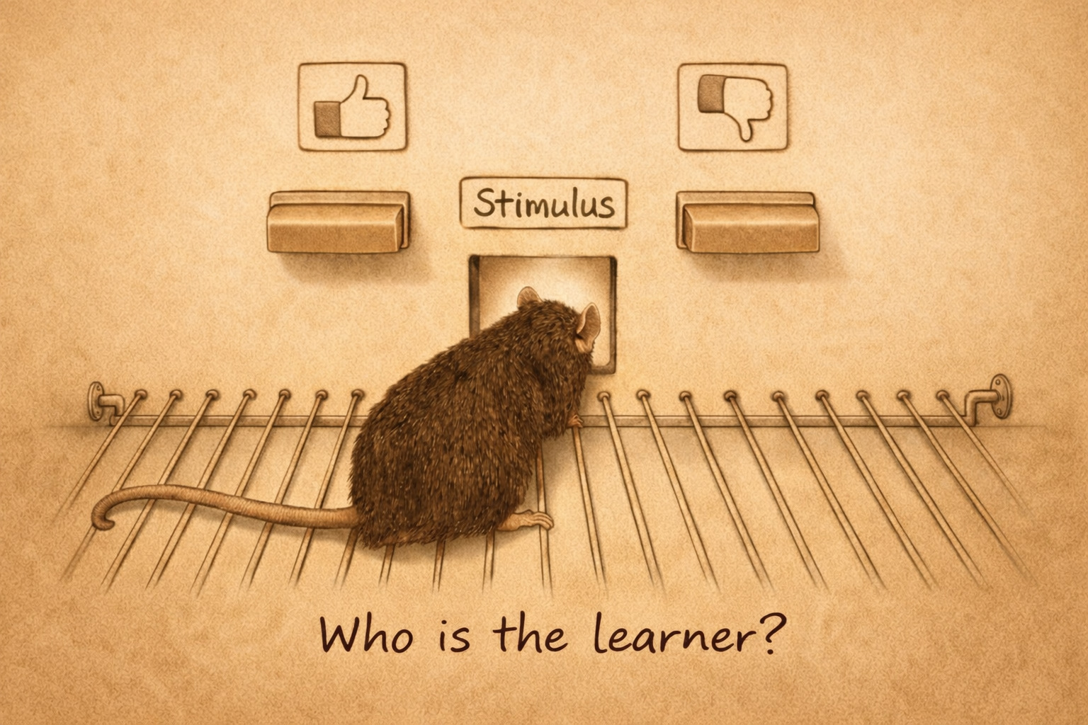 A sepia-toned illustration of an operant chamber. A brown mouse sits on a barred floor and peers into a small labeled 'Stimulus' window on the back wall. Flanking the stimulus window are two response levers, and above each lever is a framed icon: a thumbs-up on the left, a thumbs-down on the right. Caption beneath the illustration reads 'Who is the learner?'