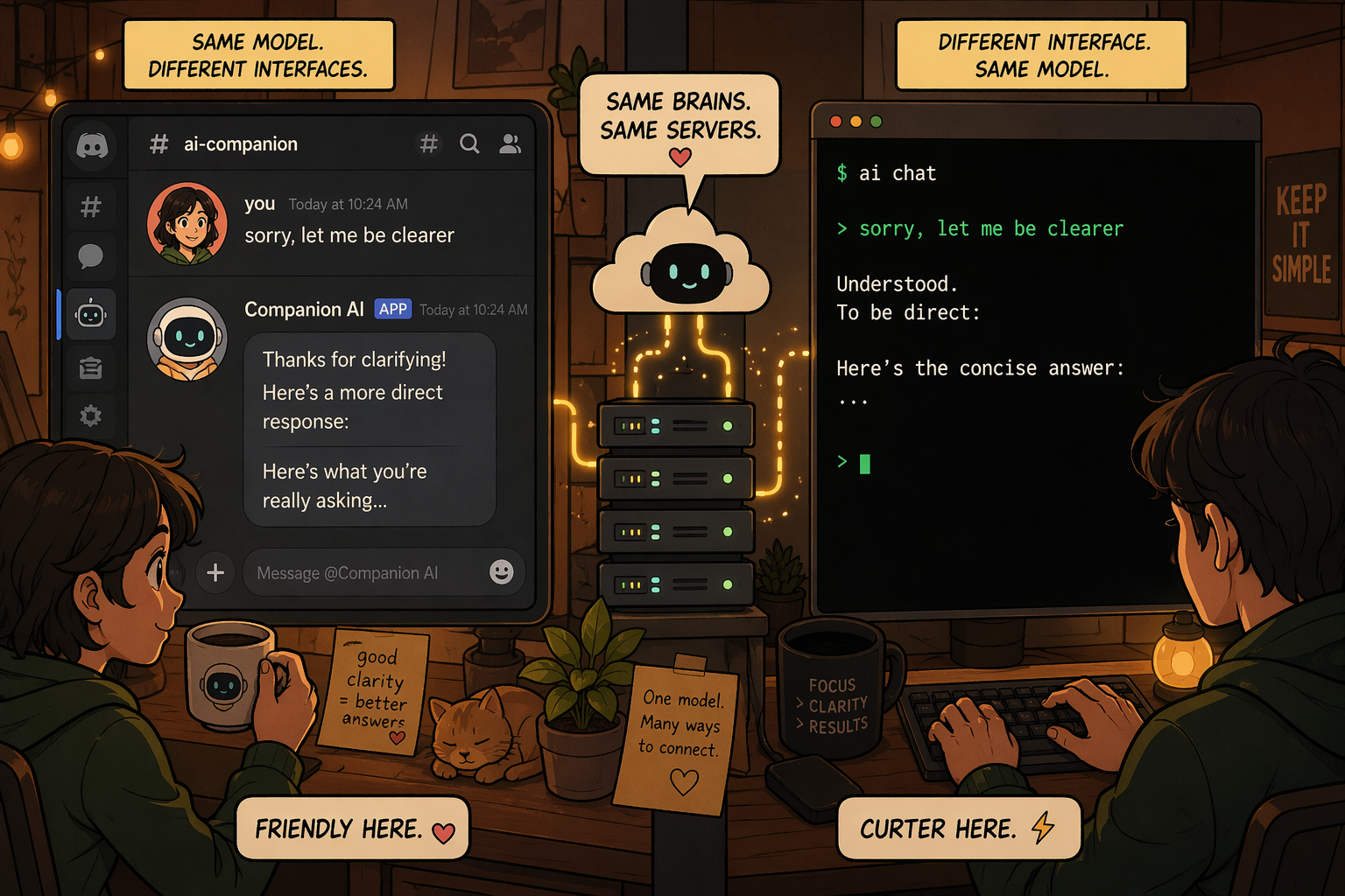 A side-by-side arrangement contrasting a named-agent chat interface with a terminal console session.