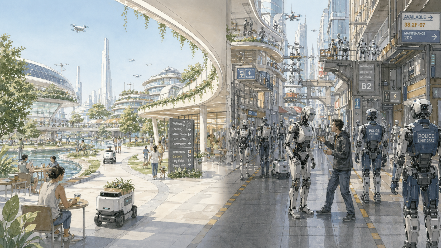 A watercolor cityscape: a pedestrian plaza with delivery bots and a humanoid robot speaking with a person, opposite a regimented street of identical police-marked humanoids under directional signage.