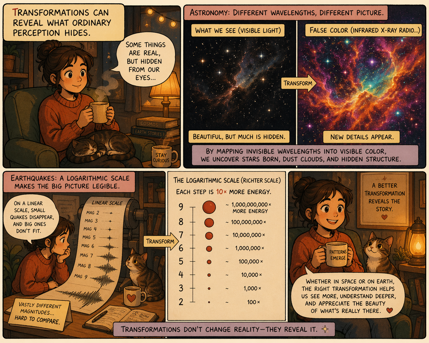 A two-panel figure pairing a false-color astronomical image with a logarithmic earthquake magnitude scale.