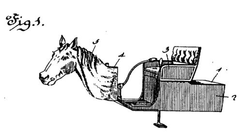 An 1899 patent illustration by Uriah Smith showing an automobile with a carved horse head mounted at the front.