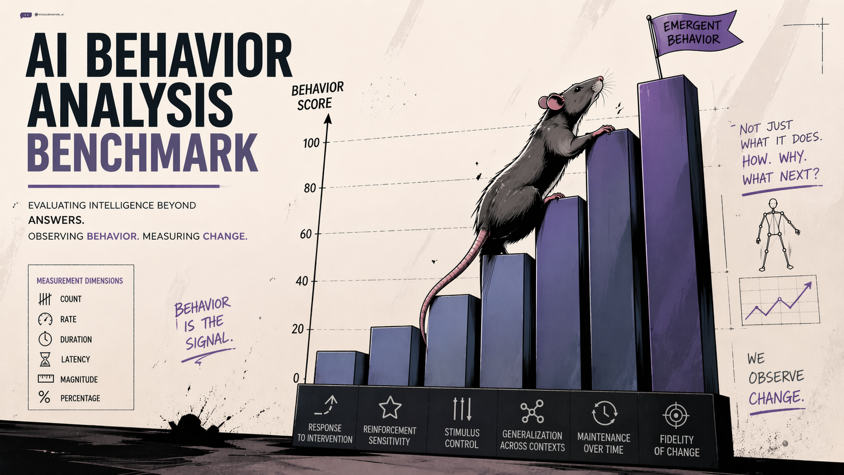 A stylized chart titled 'AI Behavior Analysis Benchmark.' A rat climbs ascending bars labelled with behavior-analytic dimensions — responding, reinforcement sensitivity, stimulus control, generalization, durability, fidelity — toward a flag reading 'emergent behavior.' Side notes read 'behavior is the signal' and 'behavior changes, we measure change.'