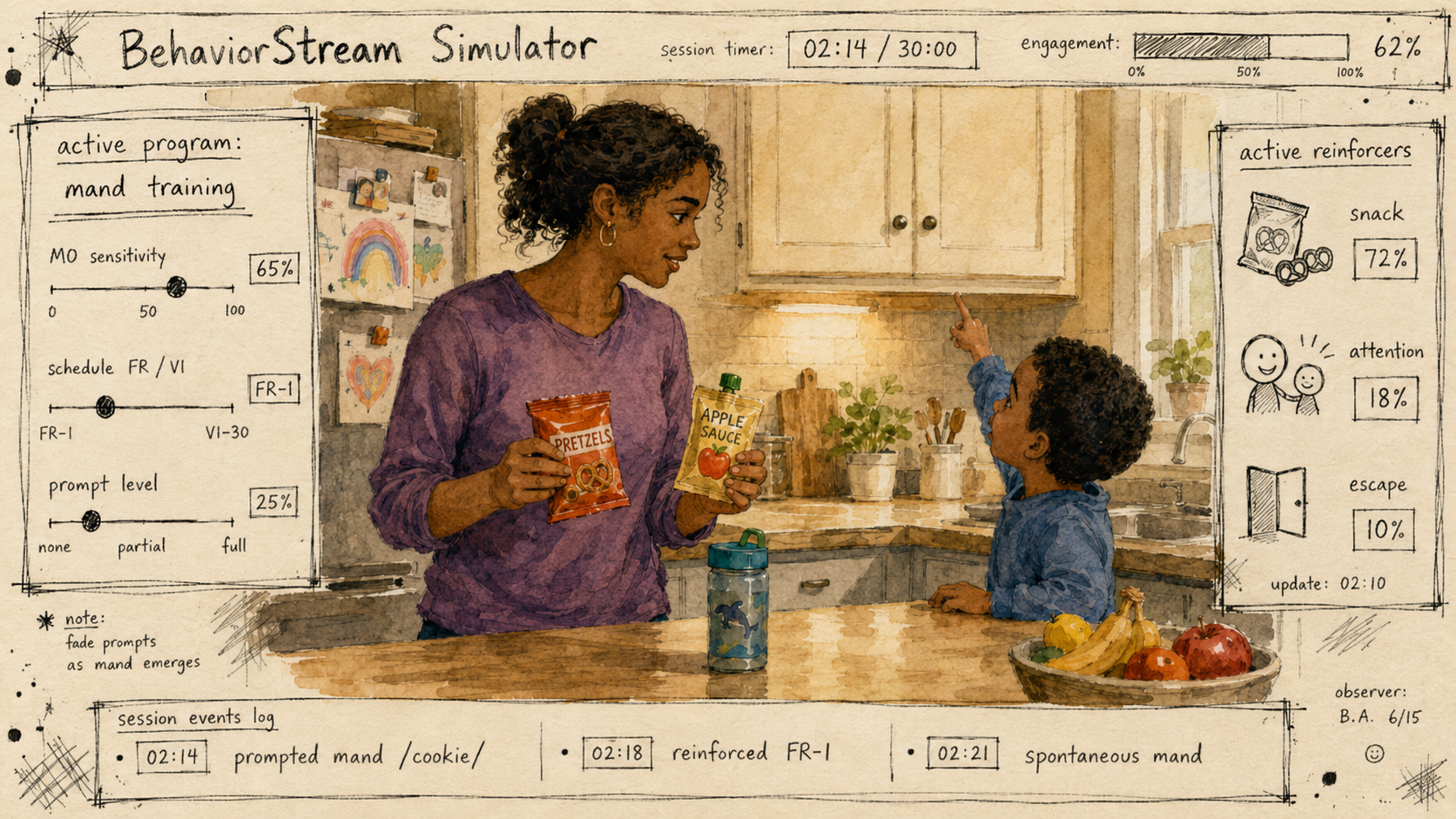 A watercolor scene of a parent and small child at a kitchen counter: the parent holds out a bag of pretzels and an applesauce pouch; the child points upward, manding. Surrounding the scene like a behavior analyst's hand-drawn working notebook: an 'active program: mand training' panel with sliders for MO sensitivity, schedule (FR-1), and prompt level; an 'active reinforcers' panel showing snack 72%, attention 18%, escape 10%; session timer 02:14 / 30:00; engagement bar at 62%; a session events log reading 'prompted mand /cookie/,' 'reinforced FR-1,' 'spontaneous mand.' Title 'BehaviorStream Simulator' hand-lettered across the top.