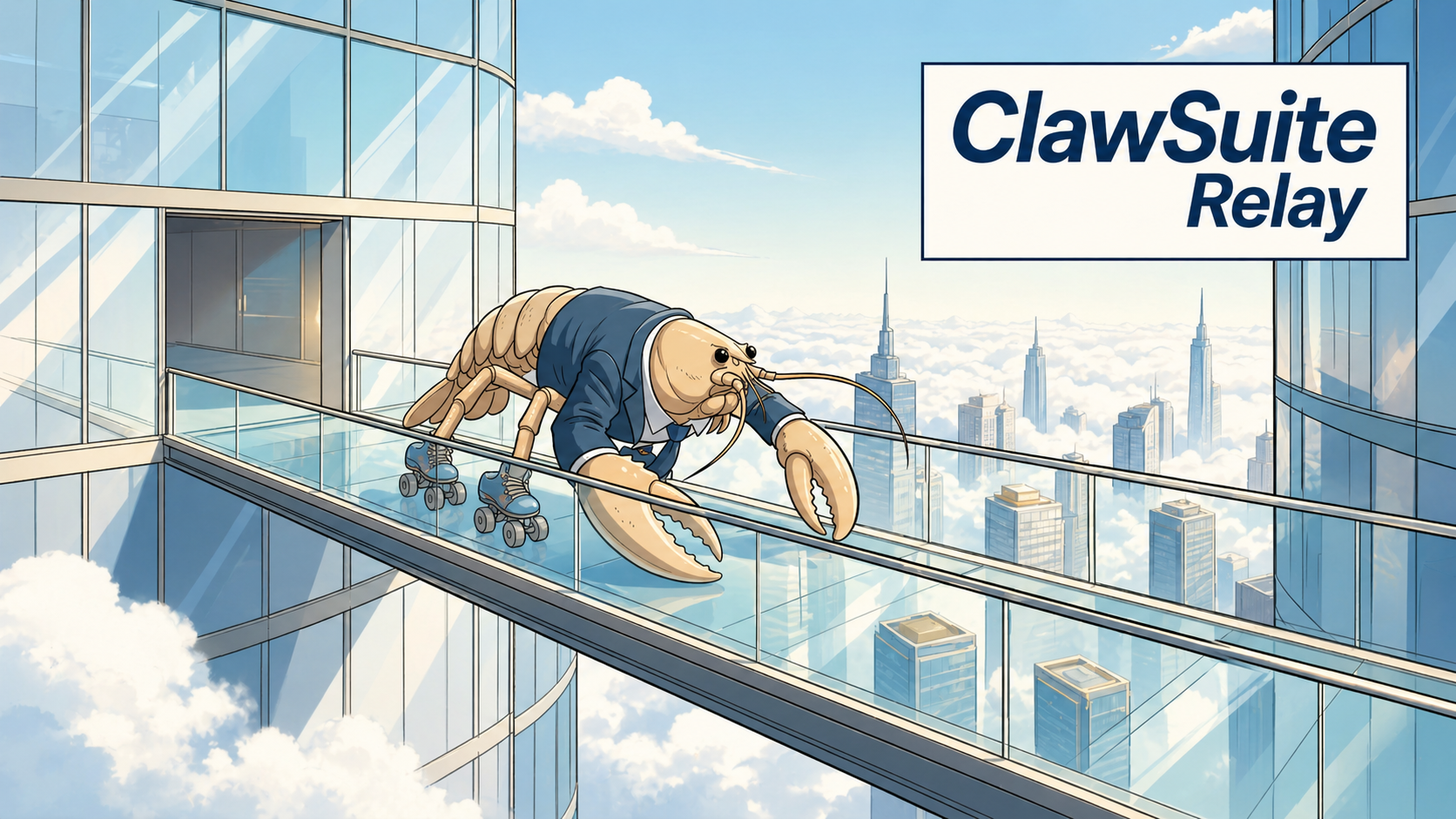 A pinstripe-suited lobster on rollerskates standing on a high-rise rooftop ledge above a foggy city skyline, with the title 'ClawSuite Relay' set against the cloudbank.