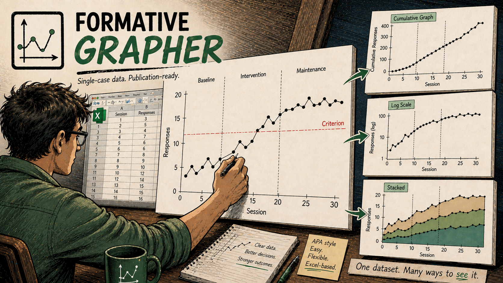 Illustrated workspace with phase-change behavior charts and the title Formative Grapher.