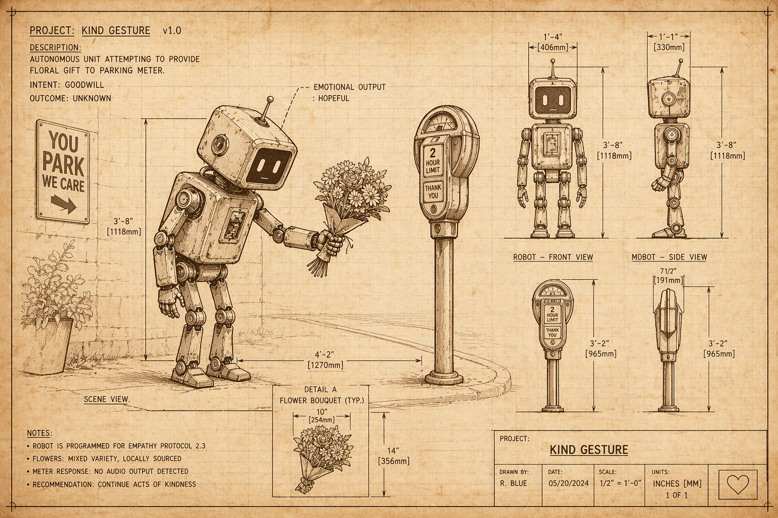 An engineering blueprint of a small robot labelled 'Project: Kind Gesture,' shown handing a bouquet to a parking meter. Annotations describe the scene from the outside — 'emotional output: hopeful,' 'meter response: no audio output detected' — without claiming access to inner states.