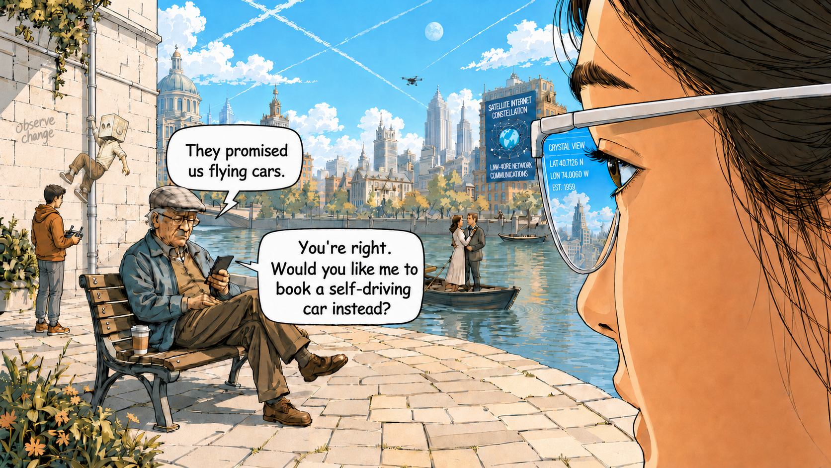 A futuristic riverside city scene where an older man on a bench says, "We wanted flying cars." A nearby assistant replies, "You’re right. Would you like me to book a self-driving car instead?" A young woman’s smart glasses overlay a view of the skyline, while a small figure with a cardboard-box head climbs a wall in the background.
