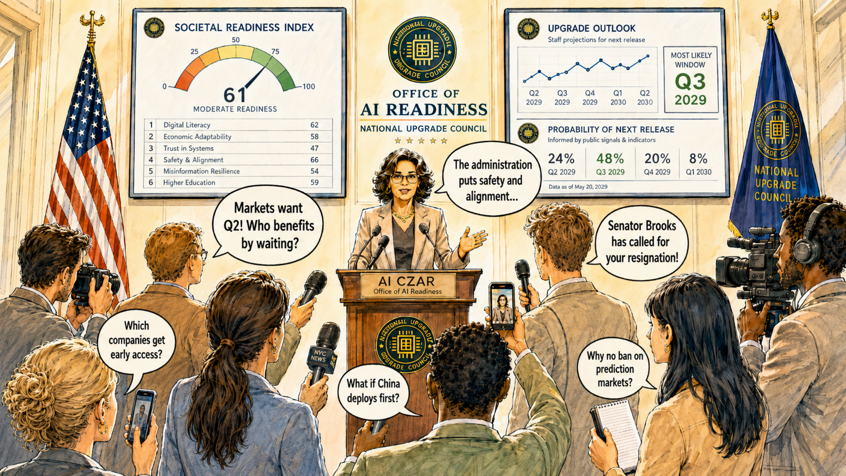 A press conference at a fictional Office of AI Readiness, framed by a National Upgrade Council seal. Wall displays show a "Societal Readiness Index" of 61 and a "Probability of Next Release" chart with quarterly windows. The chair, behind a nameplate reading AI Chair, says "We will release the next model when society is ready for the upgrade." Reporters murmur "Markets expect an upgrade by Q3," "That’s the consensus," and "We’re still inside the quiet period."
