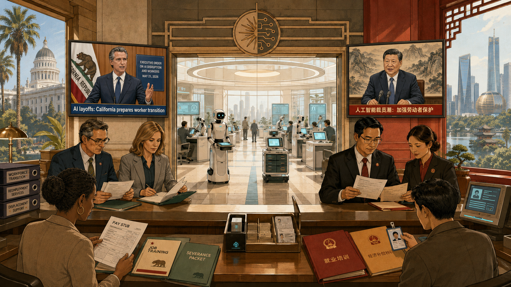 A wide editorial illustration of a bi-national workforce-transition office, rendered as a single hall split between California and China. On the back wall above a central atrium hangs a stylized seal of an AI sun with circuit rays. To the left, a large screen carries a California broadcast: Governor Newsom at a podium with the state flag, captioned "AI layoffs: California prepares worker transition" and "Executive Order on AI Disruption and Workers — May 21, 2026." To the right, a parallel Chinese broadcast: a state official addressing microphones, captioned "人工智能裁员潮：加强劳动者保护" (AI layoff wave: strengthen worker protections). On the floor, two service counters face each other. The California desk holds binders labeled "Workforce Transition," "Reemployment Services," "Displacement Support," alongside a job-training booklet and a severance packet; the Chinese desk holds parallel red and gold folders marked "就业培训" (job training) and "经济补偿" (economic compensation), beside an identity scanner. Applicants sit with backs to the viewer, pay stubs and ID badges in hand. Between the two counters, a central atrium opens onto a future-city skyline with service robots and public kiosks. Windows frame the California State Capitol on one side and a Chinese cityscape with a pagoda on the other.