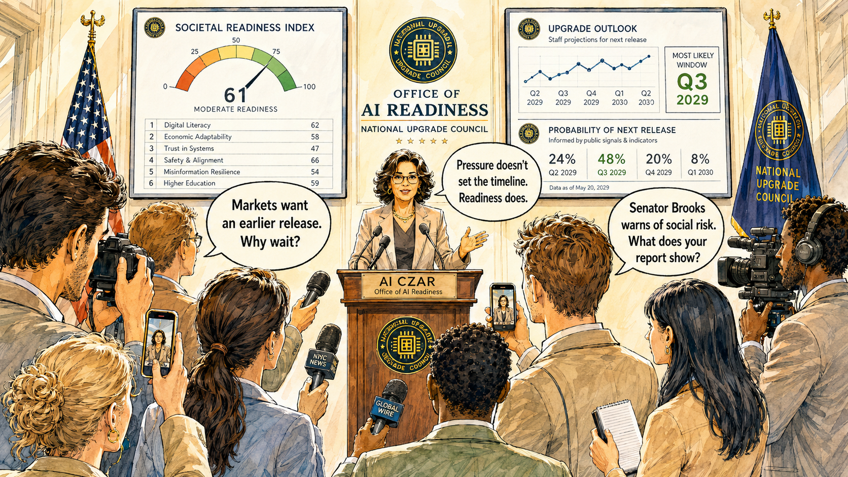 A press conference at a fictional Office of AI Readiness, framed by a National Upgrade Council seal. Wall displays show a "Societal Readiness Index" of 61 and a "Probability of Next Release" chart with quarterly windows. The chair, behind a nameplate reading AI Chair, says "We will release the next model when society is ready for the upgrade." Reporters murmur "Markets expect an upgrade by Q3," "That’s the consensus," and "We’re still inside the quiet period."