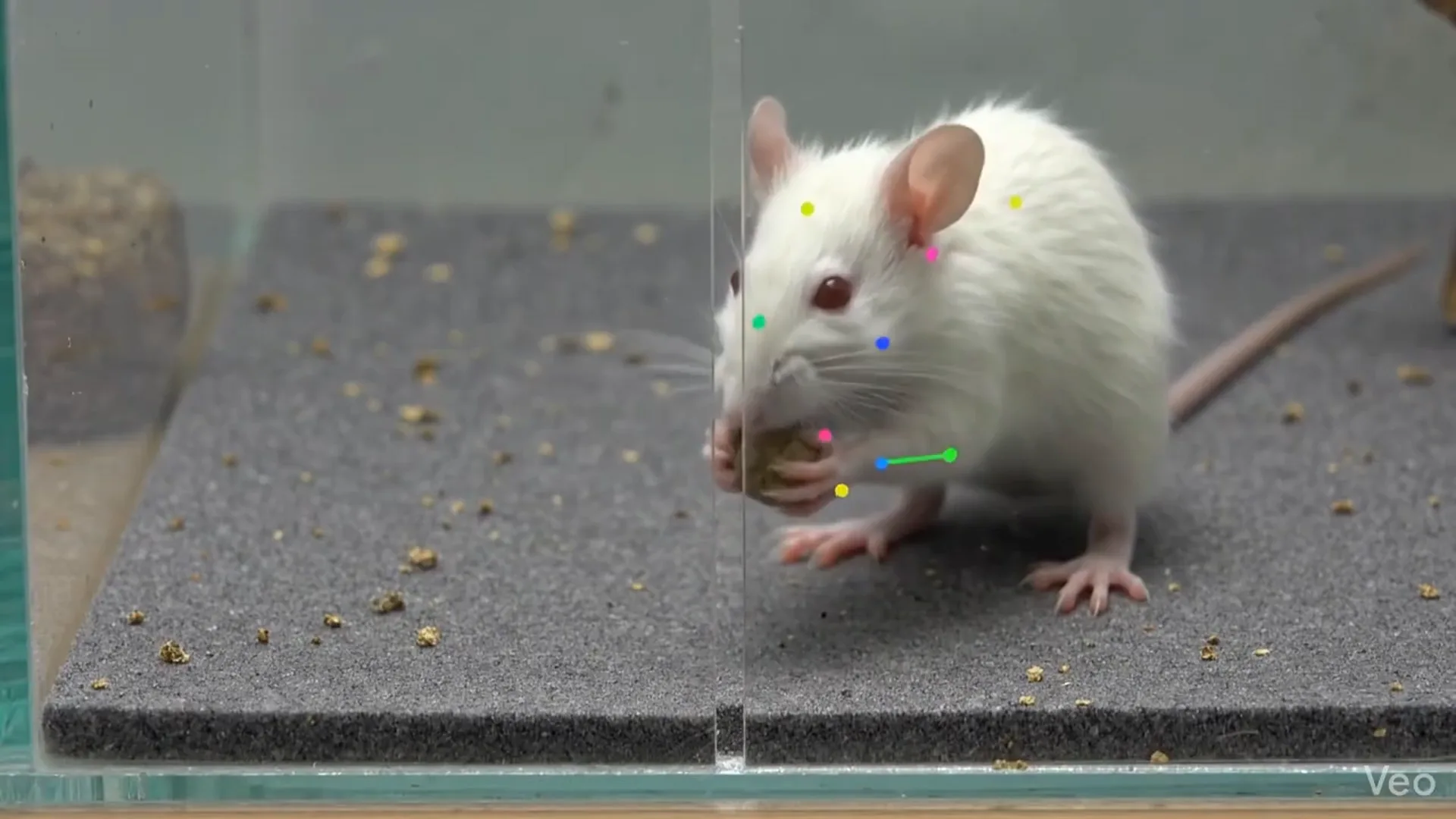 A rat eating a pellet in a clear enclosure, with markerless pose-estimation keypoints overlaid on its head, nose, and mouth tracking its movement as it chews.